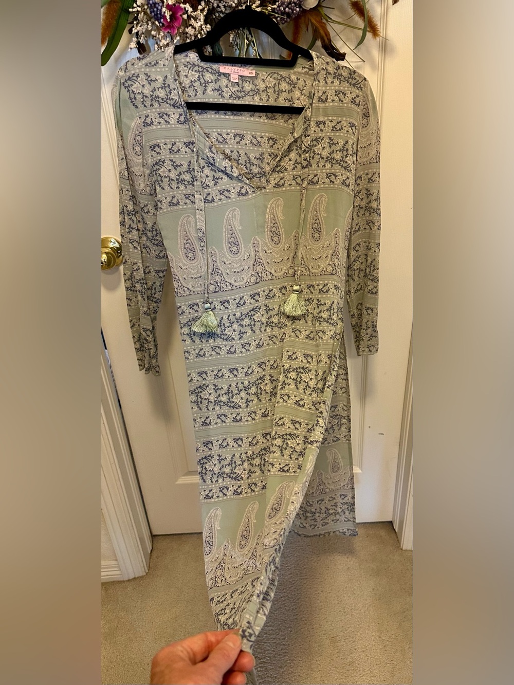 100% SILK Calypso St. Barth Yolani Mint Printed Silk Dress XS side-slit Midi